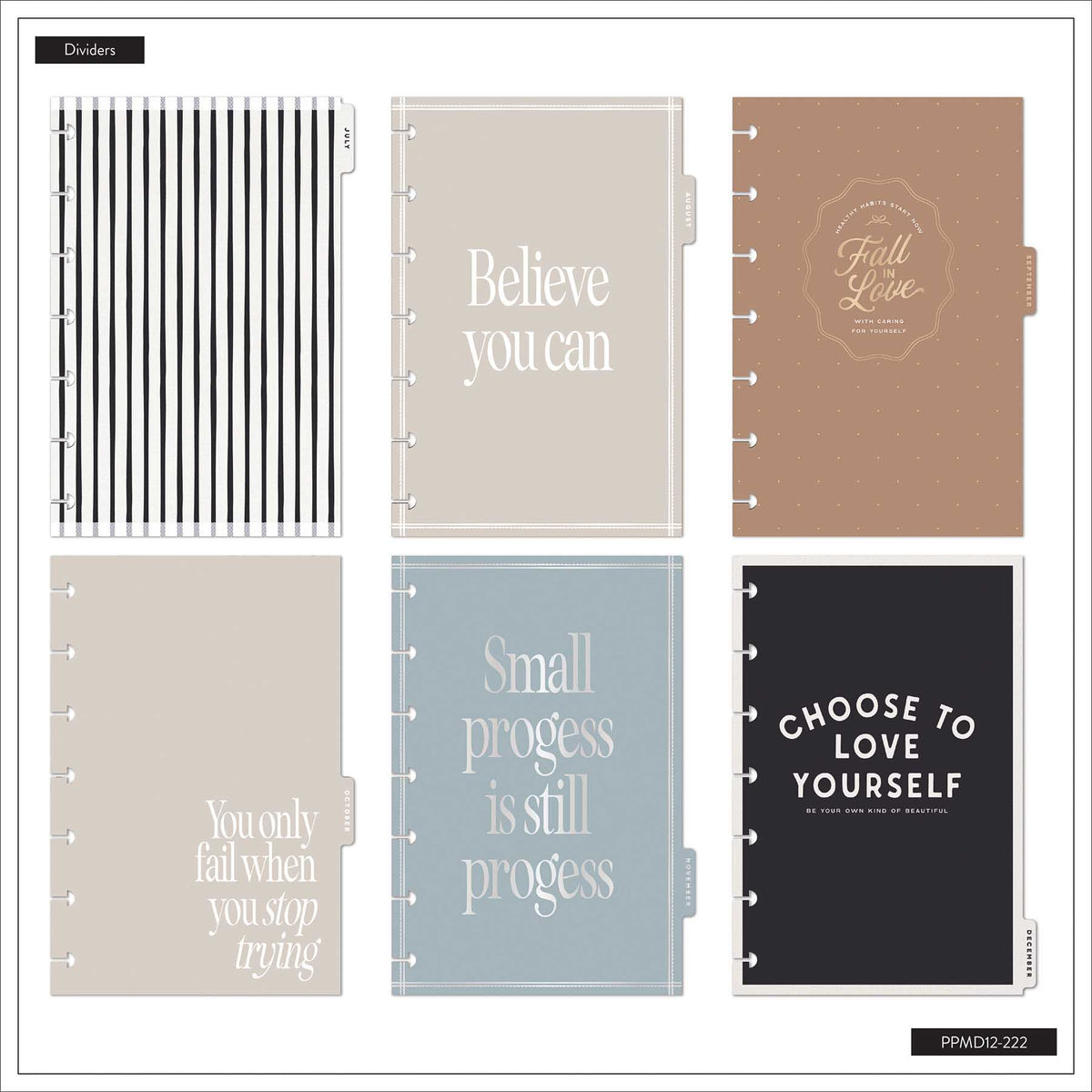 Happy Planner Haven and Heart striped dividers with neutral designs and encouraging quotes