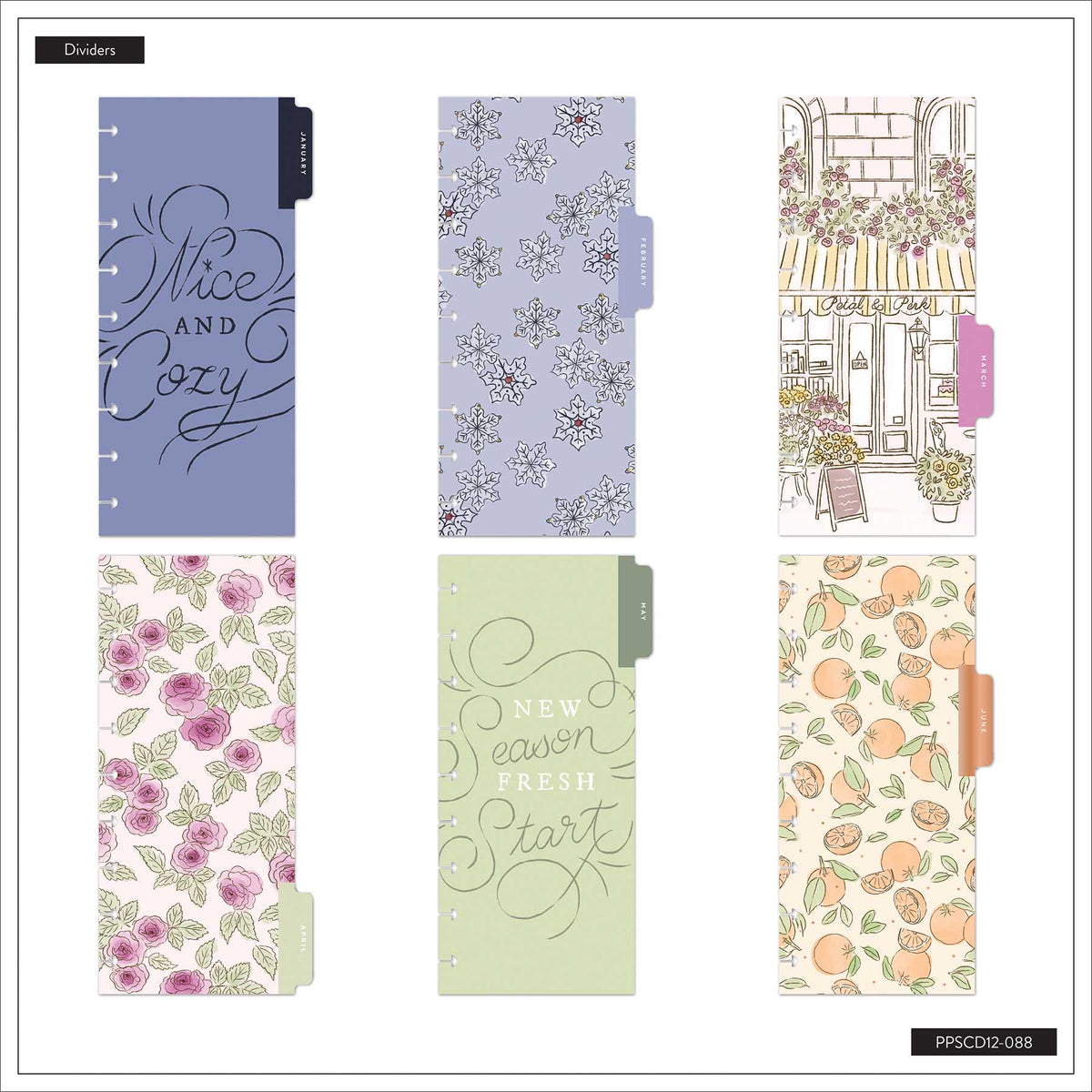 Happy Planner Seasonal Sidewalks six dividers with florals, windows and fruit patterns