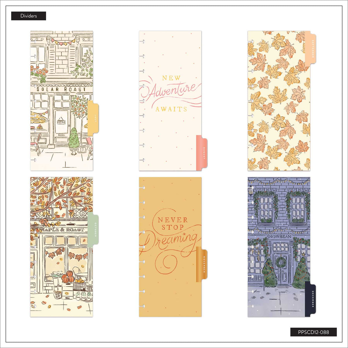 Seasonal Sidewalks planner dividers with storefronts, leaves and inspirational lettering