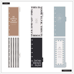 Happy Planner Haven and Heart six dividers in black, white, blue and tan designs