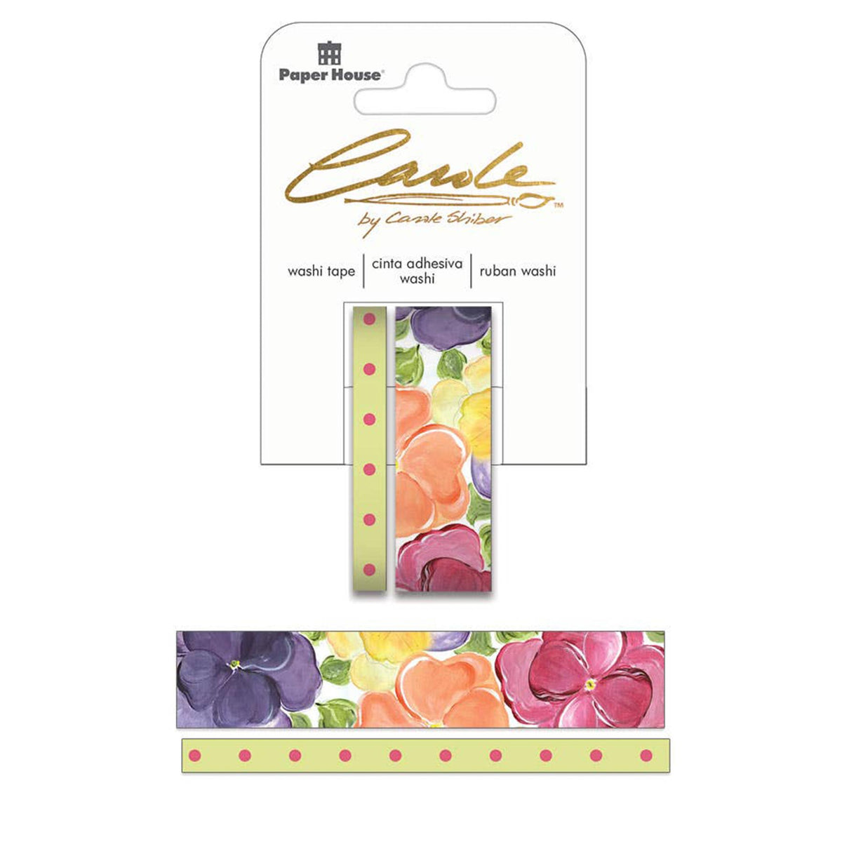 Pansies washi tape set with hand-painted artwork featuring multicolored flowers on a white background, branded by Paper House Productions.