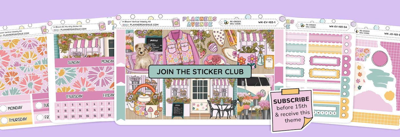 Sticker kit subscription with various functional and decorative sticker designs on a purple background, featuring text join the August Sticker Club subscription.