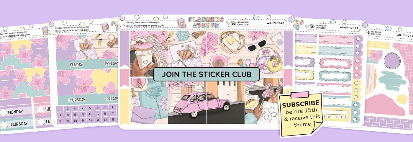 Sticker kit subscription with various functional and decorative sticker designs on a purple background, featuring text about the September Sticker Club subscription.