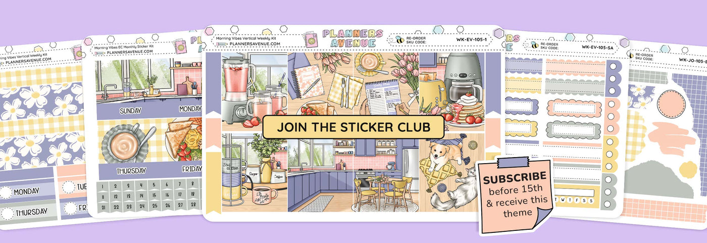 Sticker kit subscription with various functional and decorative sticker designs on a purple background, featuring text: 'Join the October Sticker Club.'
