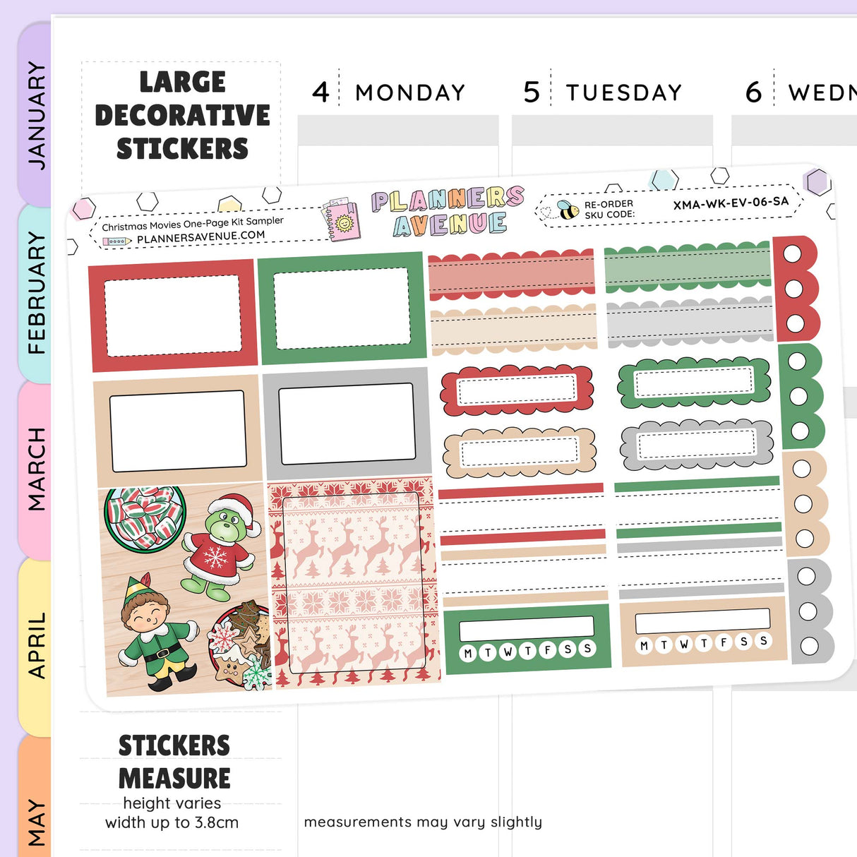 Collection of decorative stickers with various Christmas designs on a planner-style layout.