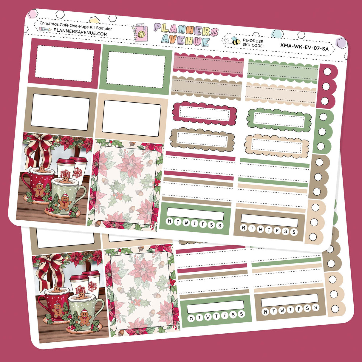 Christmas Cafe Planner Stickers Sampler of planner stickers with Christmas-themed designs on a pink background