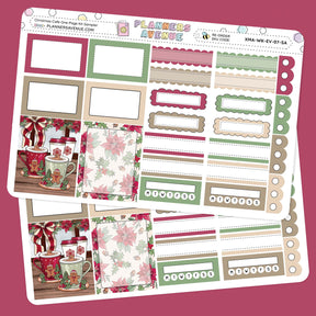 Christmas Cafe Planner Stickers Sampler of planner stickers with Christmas-themed designs on a pink background