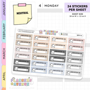Subscription Due Planner Stickers