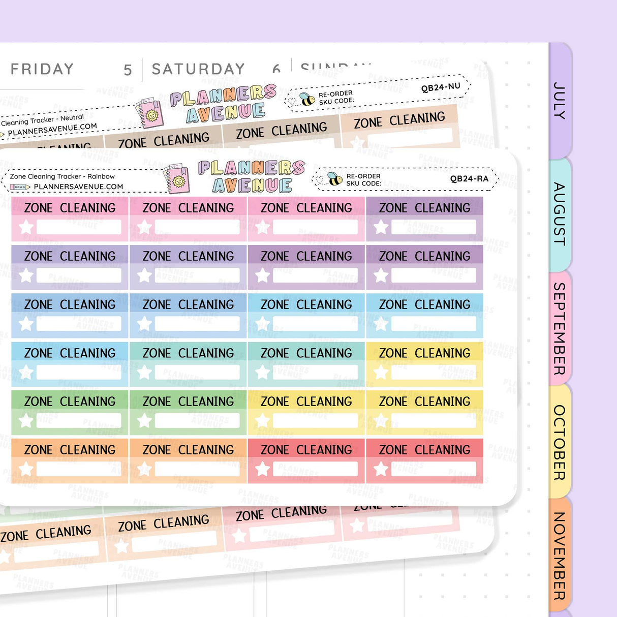 Weekly Zone Cleaning Box Planner Sticker sheet from Planners Avenue featuring a 'Zone Cleaning' tracker with pastel color-coded days and a vertical monthly tab strip showing July through November.