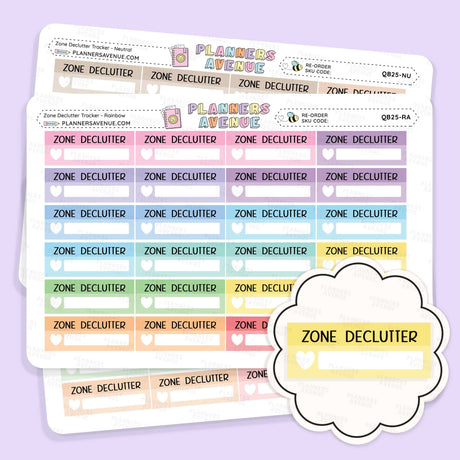 Zone Declutter Box Planner Stickers in various pastel colours, displayed on a light lavender background with a cloud-shaped highlight showing one of the yellow stickers in detail.
