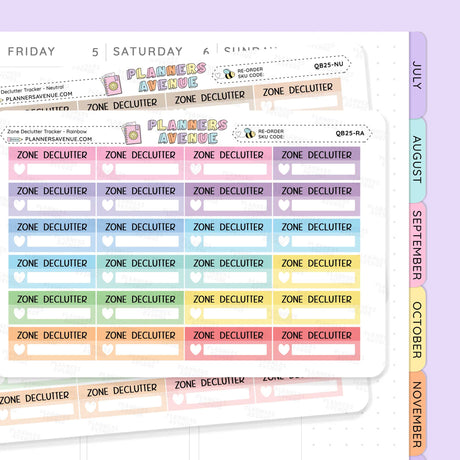 Weekly Zone Declutter Box Planner Sticker sheet from Planners Avenue featuring a 'Zone Cleaning' tracker with pastel color-coded days and a vertical monthly tab strip showing July through November.