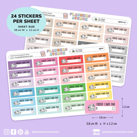 Colorful planner sticker sheets featuring 'Credit Card Due' labels with small credit card illustrations, shown on a light purple background with product details and social media handles.