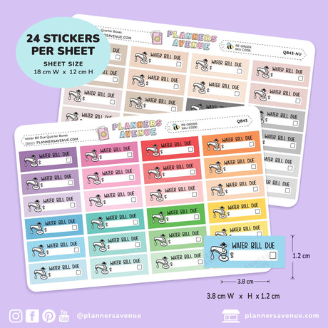 Two sticker sheets from Planners Avenue featuring 'Water Bill Due' stickers in a variety of pastel and bright colors, displayed on a light purple background with size and quantity details.