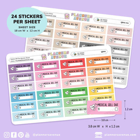 Two sheets of medical bill due planner stickers shown on a lavender background, with text indicating 24 stickers per sheet, sheet size 18 cm x 12 cm, and planneravenue branding.