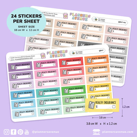 Three sheets of planner stickers labeled 'Planner's Avenue' with repeated 'Health Insurance' fields and price boxes, shown on a lavender background with text noting 24 stickers per sheet and dimensions 18 x 12 cm.