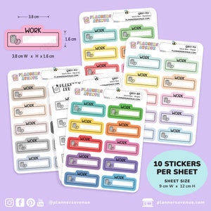 Five sheets of planner stickers labeled 'WORK' in different colors, arranged on a light purple background with size and quantity callouts. The planner brand 'Planners Avenue' is visible on the sheets and in the social handle watermark.