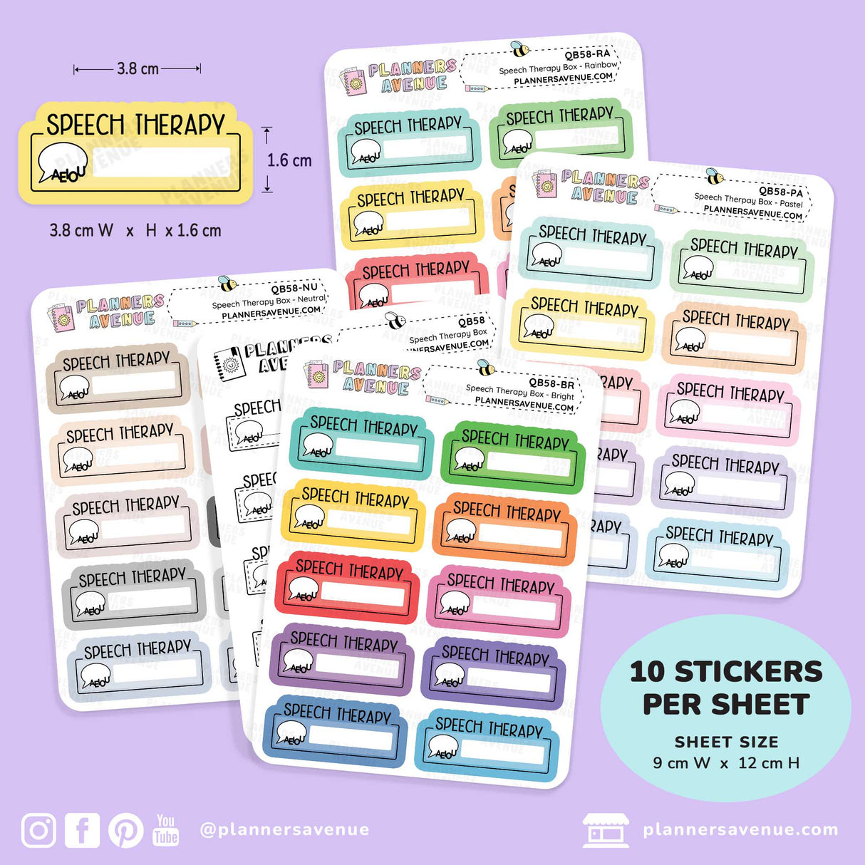 A set of sticker sheets featuring 'Speech Therapy' themed labels and stickers in various colors, displayed on a light purple background with informational text overlays.