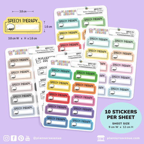 A set of sticker sheets featuring 'Speech Therapy' themed labels and stickers in various colors, displayed on a light purple background with informational text overlays.
