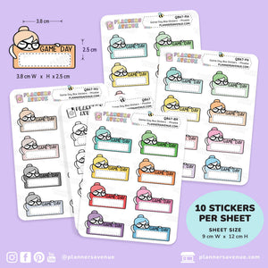 Five sheets of planner stickers from Planners Avenue featuring a cartoon character labeled 'Game Day' in various color combinations, displayed on a light purple background with size and quantity details.