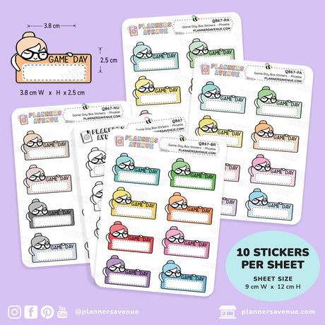 Five sheets of planner stickers from Planners Avenue featuring a cartoon character labeled 'Game Day' in various color combinations, displayed on a light purple background with size and quantity details.