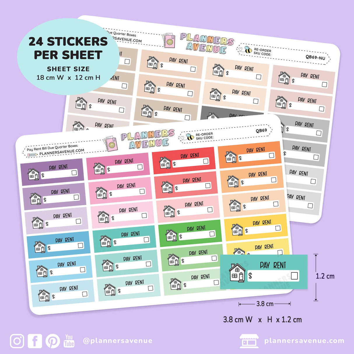 Three planner sticker sheets labeled 'Planner Avenue' with repeated 'Day Rent' house icons and small boxes, shown on a lavender background with text noting 24 stickers per sheet, 18 cm x 12 cm size, and social handle @plannersavenue.