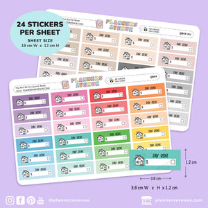 Three planner sticker sheets labeled 'Planner Avenue' with repeated 'Day Rent' house icons and small boxes, shown on a lavender background with text noting 24 stickers per sheet, 18 cm x 12 cm size, and social handle @plannersavenue.