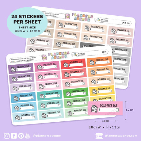 Three planner sticker sheets labeled 'Planners Avenue' with 'Insurance Due' boxes in multiple pastel colors, shown on a lavender background with text noting 24 stickers per sheet and dimensions.