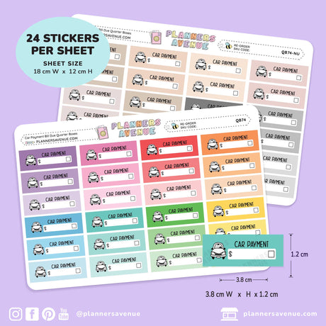 A set of colorful planner sticker sheets from Planners Avenue, featuring 24 car payment stickers per sheet in various pastel and bright colors. The sheets are displayed on a light purple background with informational text and social media handles.