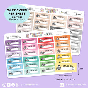 Three colorful planner sticker sheets labeled 'Planner's Avenue' showing daycare fee checklist stickers in multiple pastel and bright colors, arranged on a lavender background with size and quantity text.