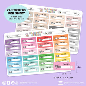 A set of colorful planner sticker sheets labeled 'Planners Avenue' with 'Gym Fees' labels and checkboxes, shown on a light purple background with size annotations and social media handles.