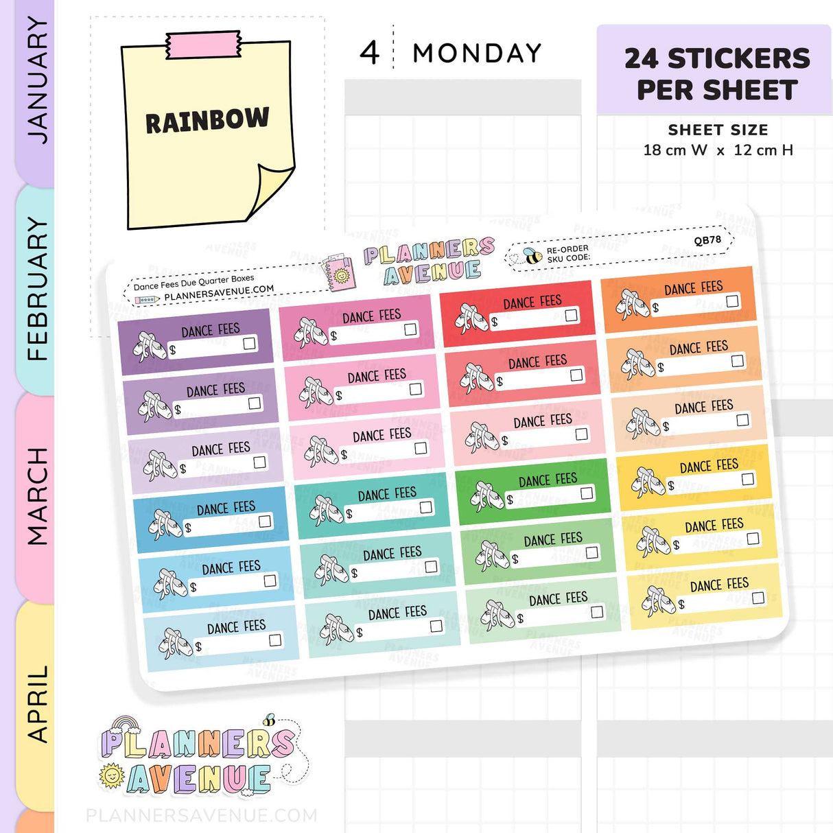 Dance Fees Due Quarter Box Stickers