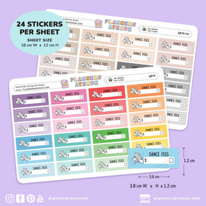 Three planner sticker sheets labeled 'Dance Fees' with multiple color options, shown on a lavender background with printed dimensions and a badge stating 24 stickers per sheet.