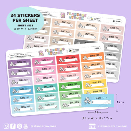 Three planner sticker sheets labeled 'Dance Fees' with multiple color options, shown on a lavender background with printed dimensions and a badge stating 24 stickers per sheet.