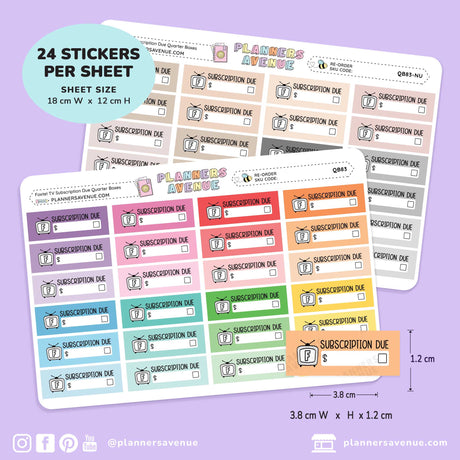 Three colorful sticker sheets from the brand 'Planners Avenue' displayed on a light purple background. The sheets feature various pastel and bright color options for 'Subscription Due' and '$5' labels, with a light blue callout bubble indicating '24 Stickers Per Sheet' and dimensions of 18 cm x 12 cm.