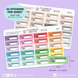 Two planner sticker sheets from Planners Avenue featuring 'Subscription Due' labels in multiple pastel colors, shown on a light lavender background with size and quantity callouts.