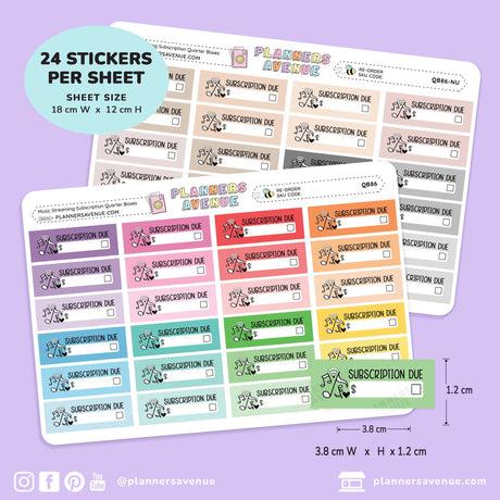 Two planner sticker sheets from Planners Avenue featuring 'Subscription Due' labels in multiple pastel colors, shown on a light lavender background with size and quantity callouts.