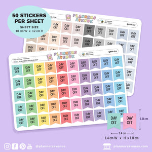 Two sticker sheets labeled 'Day Off' with multiple pastel color options, shown on a light lavender background with text reading '50 Stickers Per Sheet' and dimensions 18 cm x 12 cm.
