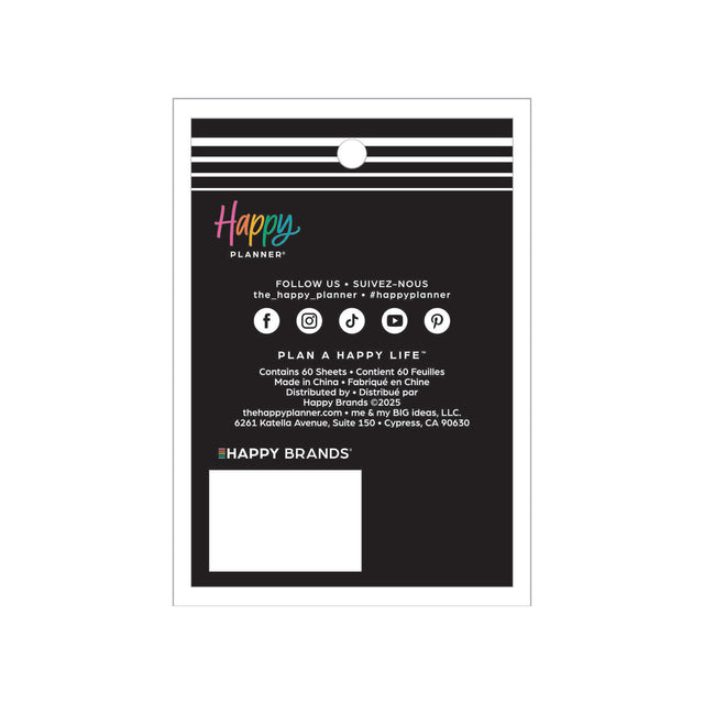 Back of a Happy Planner product packaging with branding and contact information.