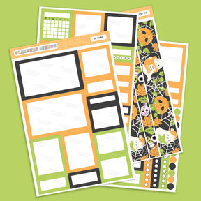 Halloween Ghost Potions Planner Box Stickers with pumpkins, ghosts, and spider webs on a green background.