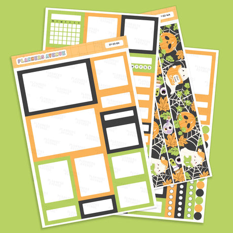 Halloween Ghost Potions Planner Box Stickers with pumpkins, ghosts, and spider webs on a green background.