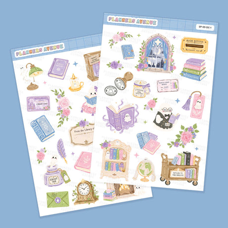 Haunted Library Decorative Stickers featuring cute, whimsical illustrations of books, clocks, flowers, and a cozy reading scene, displayed on a light blue background.