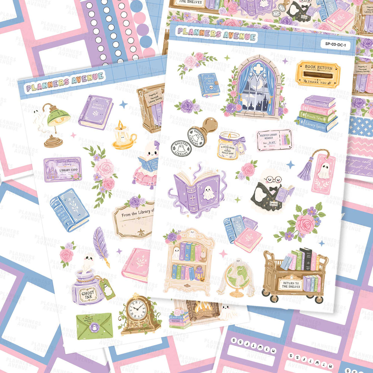 Haunted Library Sticker Pack themed around a cozy library or bookstore, featuring illustrations of books, clocks, flowers, and shelves in pastel colors. The sheets are arranged on top of a matching patterned background.