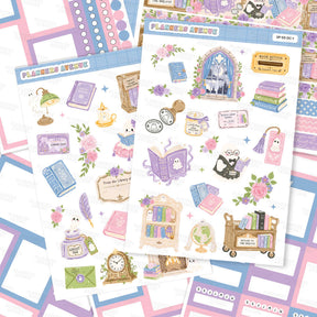 Haunted Library Sticker Pack themed around a cozy library or bookstore, featuring illustrations of books, clocks, flowers, and shelves in pastel colors. The sheets are arranged on top of a matching patterned background.
