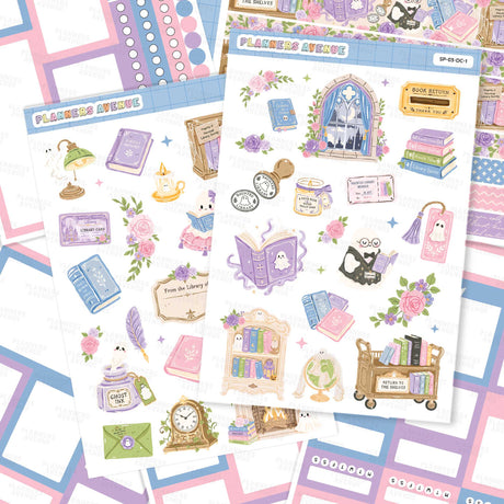 Haunted Library Sticker Pack themed around a cozy library or bookstore, featuring illustrations of books, clocks, flowers, and shelves in pastel colors. The sheets are arranged on top of a matching patterned background.