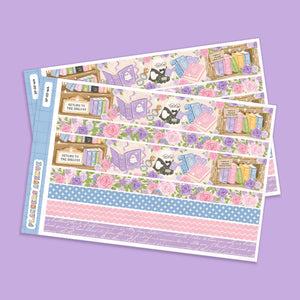 Haunted Library Washi Stickers featuring a whimsical library and owl illustration pattern, layered on a solid lavender background.