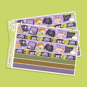 Halloween Sleepover Washi Stickers on a light green background. The designs feature purple sweaters with 'GHOSTLY GATHERING' text, smiling pumpkins, ghosts, and checkered patterns in purple, orange, black, and green.