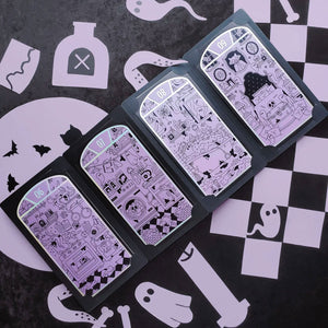 STICKII advent Halloween-themed illustrations on a black and white checkered background.