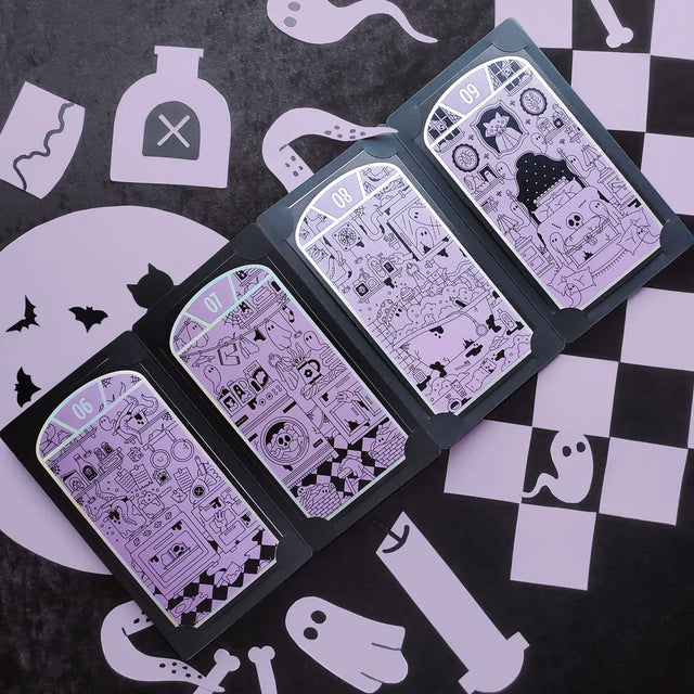 STICKII advent Halloween-themed illustrations on a black and white checkered background.