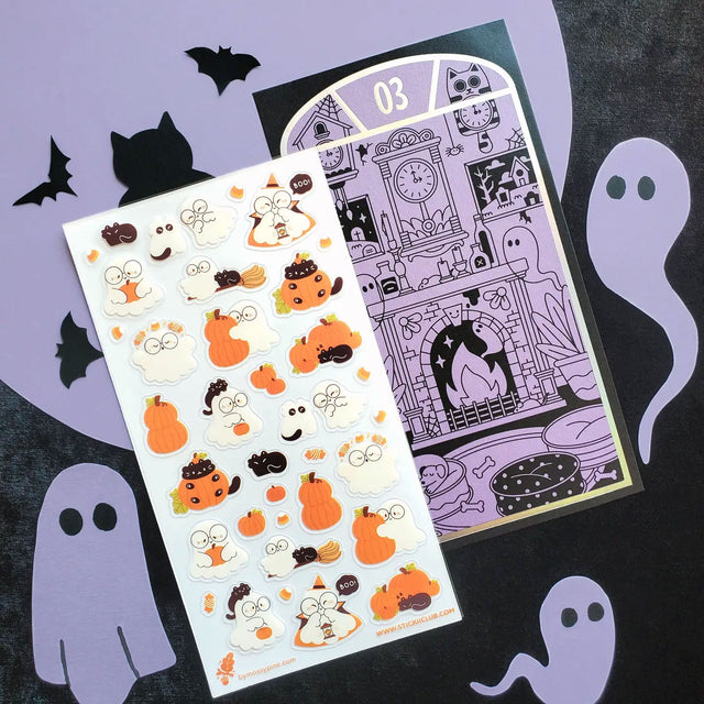 STICKII Halloween-themed sticker sheets with decorative elements on a black background with ghost and bat illustrations.