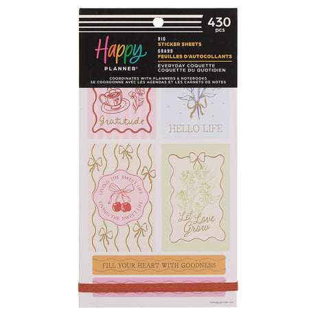 Happy Planner Everyday Coquette Big Sticker Book with chic designs and text on a white background
